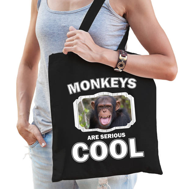 Katoenen tasje monkeys are serious cool zwart - apen/ chimpansee cadeau tas - Feest Boodschappentassen