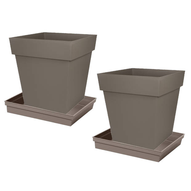 Set van 2x stuks bloempotten Toscane vierkant kunststof taupe 39 x 39 x 39 cm inclusief onderschalen - Plantenpotten