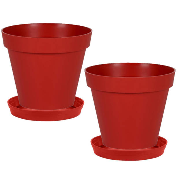 Set van 2x stuks bloempotten Toscane kunststof rood D30 x H26 cm inclusief onderschalen D23 cm - Plantenpotten