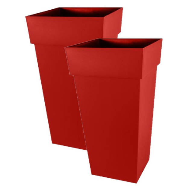 Bloempot Toscane vierkant kunststof rood L43 x B43 x H80 cm inclusief onderschaal L33 x B33 x H5 cm - Plantenpotten