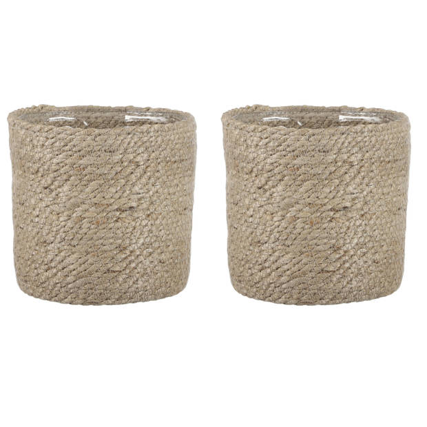 2x stuks naturel rotan planten pot mand van gedraaid jute/riet H16 en D16 cm - Plantenpotten