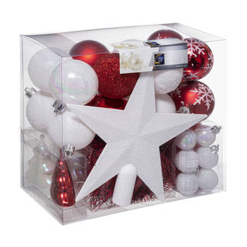 Set van 43x stuks kunststof kerstballen met ster piek rood/wit mix - Kerstbal