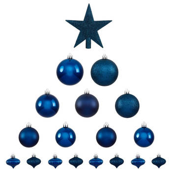 Set van 17x stuks kunststof kerstballen met ster piek donkerblauw - Kerstbal