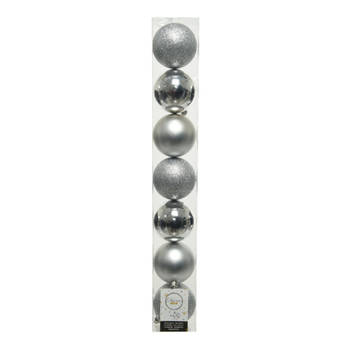 7x stuks kunststof kerstballen zilver 8 cm glans/mat/glitter - Kerstbal