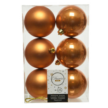 6x stuks kunststof kerstballen cognac bruin (amber) 8 cm glans/mat - Kerstbal