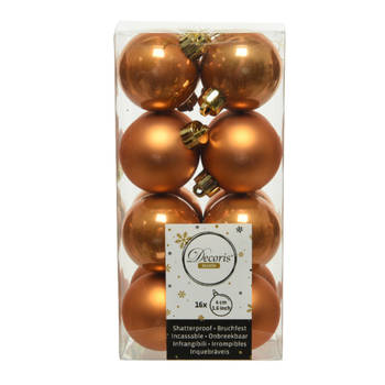 Decoris kleine kerstballen - 16x st - cognac bruin - 4 cm - kunststof - Kerstbal