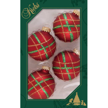 12x stuks luxe glazen kerstballen 7 cm rood velvet met ruit - Kerstbal