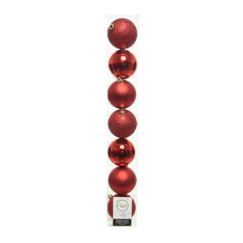 7x stuks kunststof kerstballen rood 8 cm glans/mat/glitter - Kerstbal