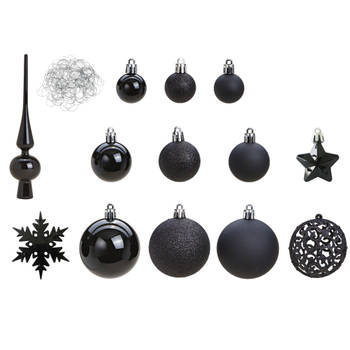 Pakket met 110x stuks kunststof kerstballen/ornamenten met piek zwart - Kerstbal