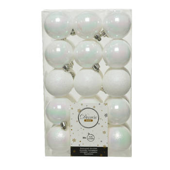 30x stuks kunststof kerstballen parelmoer wit (iris) 6 cm glans/mat/glitter - Kerstbal