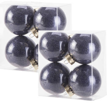 8x stuks kunststof kerstballen met glitter afwerking donkerblauw 8 cm - Kerstbal