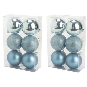 12x stuks kunststof kerstballen ijsblauw 8 cm mat/glans/glitter - Kerstbal