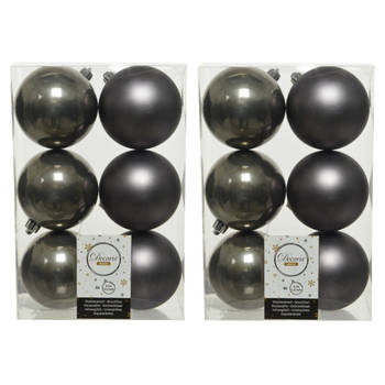 12x stuks kunststof kerstballen antraciet (warm grey) 8 cm glans/mat - Kerstbal