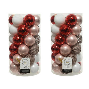 74x stuks kunststof kerstballen lichtroze(blush)/rood/wit 6 cm mat/glans/glitter - Kerstbal