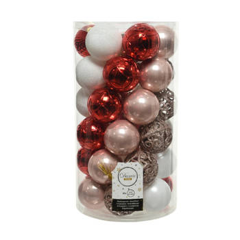 Decoris kerstballen - 37x st - lichtroze/rood/wit - 6 cm - kunststof - Kerstbal