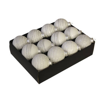 12x Luxe glazen gedecoreerde witte kerstballen met streep 7,5 cm - Kerstbal