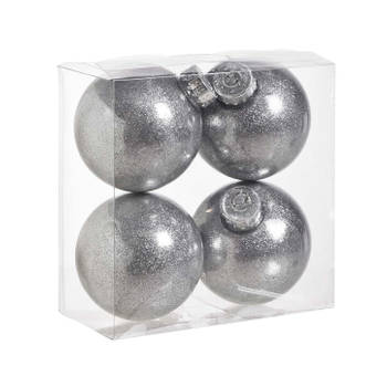 4x stuks kunststof kerstballen met glitter afwerking zilver 8 cm - Kerstbal