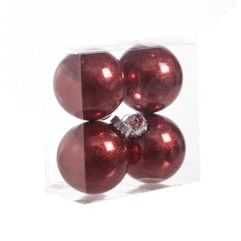 4x stuks kunststof kerstballen met glitter afwerking rood 8 cm - Kerstbal