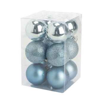 12x stuks kunststof kerstballen ijsblauw 6 cm mat/glans/glitter - Kerstbal