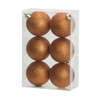6x stuks kunststof glitter kerstballen oranje 6 cm - Kerstbal