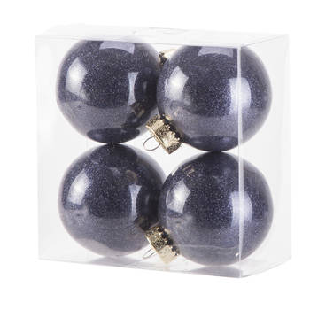 4x stuks kunststof kerstballen met glitter afwerking donkerblauw 8 cm - Kerstbal