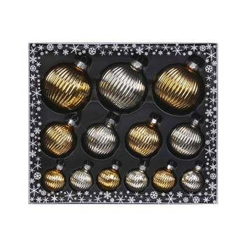 13x stuks luxe glazen kerstballen ribbel zilver/goud 4, 6, 8 cm - Kerstbal