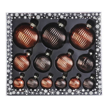 13x stuks luxe glazen kerstballen ribbel chestnut bruin tinten 4, 6, 8 cm - Kerstbal