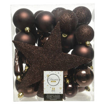 33x Kunststof kerstballen mix donkerbruin 5-6-8 cm kerstboom versiering/decoratie - Kerstbal