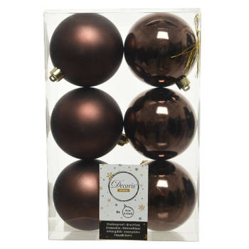 6x Kunststof kerstballen glanzend/mat donkerbruin 8 cm kerstboom versiering/decoratie - Kerstbal