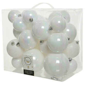 Decoris Kerstballen - 26x st - parelmoer wit - 6-8-10 cm - kunststof - Kerstbal