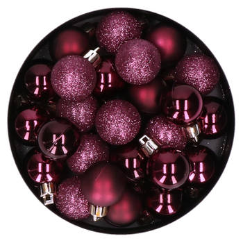 20x stuks kleine kunststof kerstballen aubergine roze 3 cm mat/glans/glitter - Kerstbal