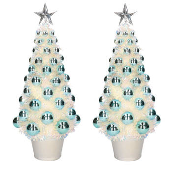 2x stuks kunstkerstbomen compleet met lichtjes en ballen blauw 40 cm - Kunstkerstboom