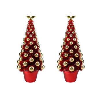 2x stuks complete mini kunst kerstboompje/kunstboompje rood/goud met kerstballen 50 cm - Kunstkerstboom