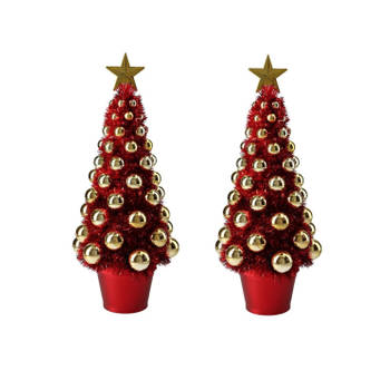 2x stuks complete mini kunst kerstboompje/kunstboompje rood/goud met kerstballen 40 cm - Kunstkerstboom