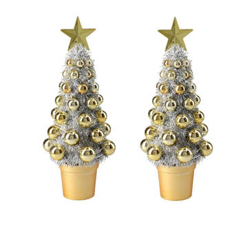 2x stuks complete mini kunst kerstboompje/kunstboompje zilver/goud met kerstballen 30 cm - Kunstkerstboom