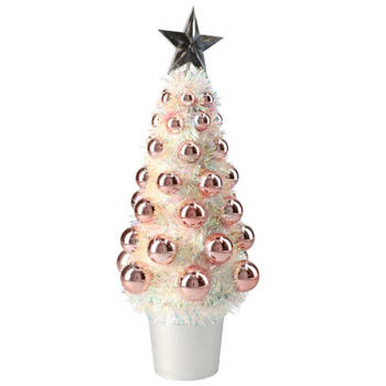 Complete mini kunst kerstboompje/kunstboompje zalm roze met kerstballen 29 cm - Kunstkerstboom