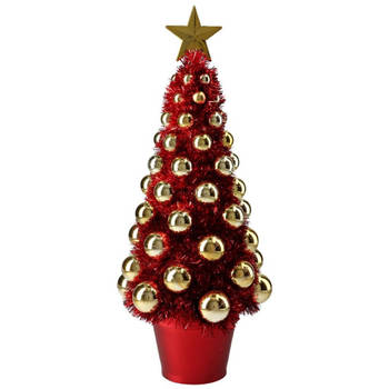 Complete mini kunst kerstboompje/kunstboompje rood/goud met kerstballen 40 cm - Kunstkerstboom