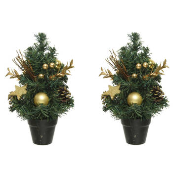 2x stuks compleet versierde miniboompjes goud 30 cm - Kunstkerstboom