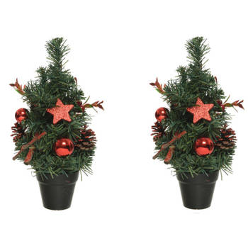 2x stuks compleet versierde miniboompjes rood 30 cm - Kunstkerstboom