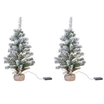 2x stuks besneeuwde miniboompjes/kunst kerstbomen met licht 45 cm - Kunstkerstboom