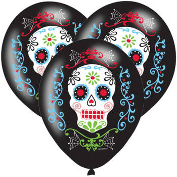 6x Zwarte horror ballonnen Day of the dead sugarskull print 27,5 cm - Ballonnen