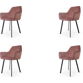 SET DEAL: 4 stuks Eetkamerstoel met armleuning Yurgan roze velvet eetstoel