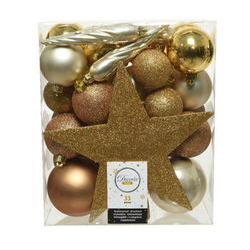 Decoris kerstballen - 34-dlg - goud/champagne/bruin - kunststof - Kerstbal