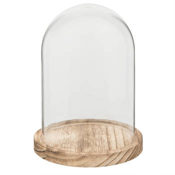 HAES DECO - Decoratieve glazen stolp met lichtbruin houten voet, diameter 12 cm en hoogte 17 cm - ST021681