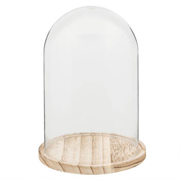 HAES DECO - Decoratieve glazen stolp met lichtbruin houten voet, diameter 15 cm en hoogte 23 cm - ST021691
