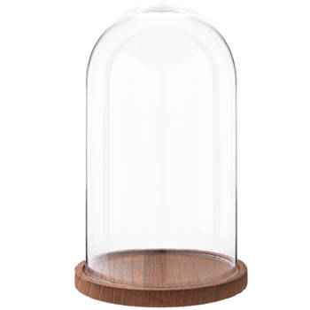 HAES DECO - Decoratieve glazen stolp met bruin houten voet, diameter 16 cm en hoogte 28 cm - ST019461