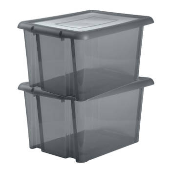 2x stuks kunststof opbergboxen/opbergdozen grijs transparant L65 x B50 x H36 cm stapelbaar - Opbergbox