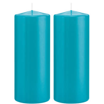 2x Kaarsen turquoise blauw 8 x 20 cm 119 branduren sfeerkaarsen - Stompkaarsen