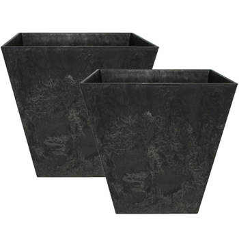 Set van 2x stuks bloempot/plantenpot vierkant van gerecycled kunststof zwart D25 en H25 cm - Plantenbakken