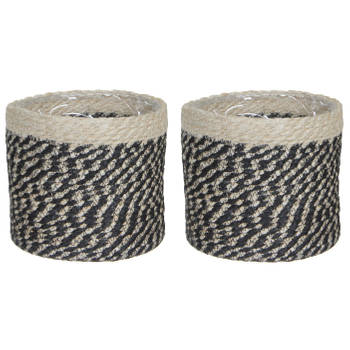 2x stuks naturel zwart rotan planten pot mand van gedraaid jute/riet H18 en D18 cm - Plantenpotten